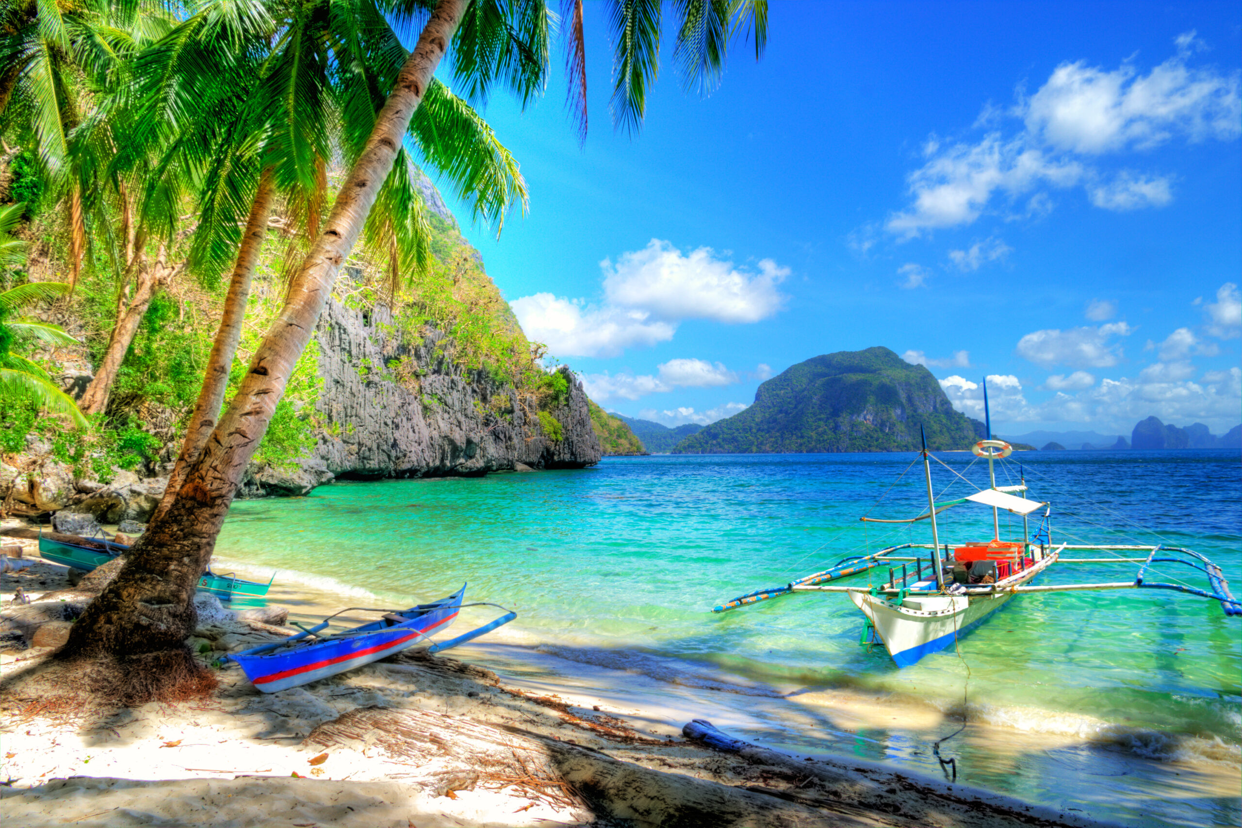 Beach with blue sea, palm trees and boats showing a tropical paradise.